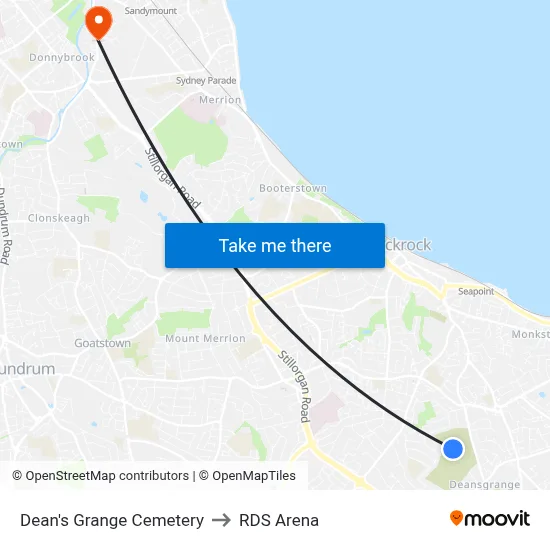 Dean's Grange Cemetery to RDS Arena map