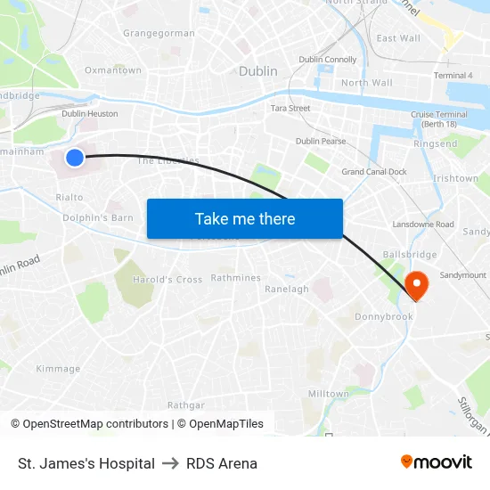 St. James's Hospital to RDS Arena map