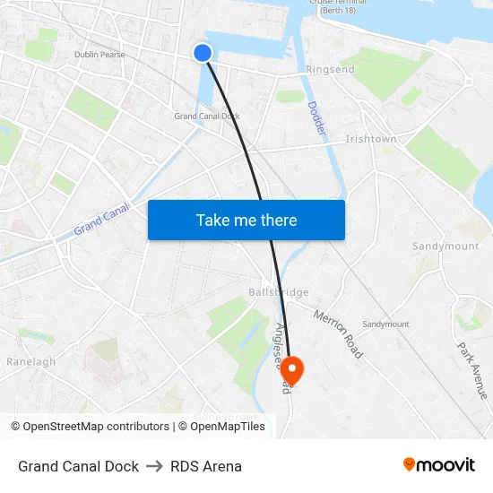 Grand Canal Dock to RDS Arena map