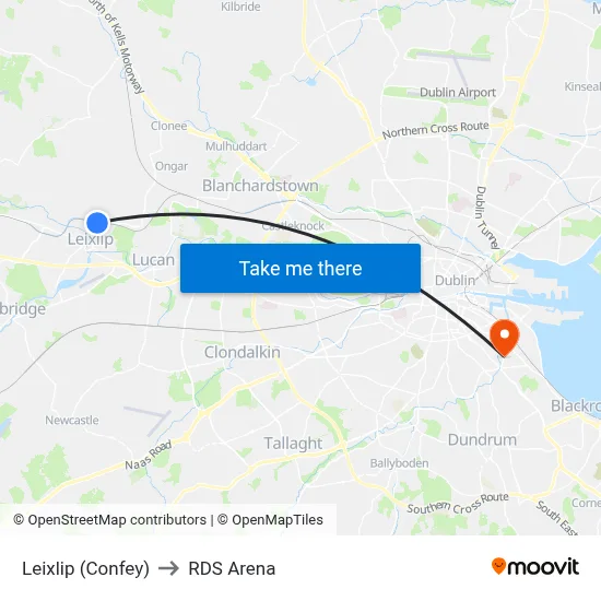 Leixlip (Confey) to RDS Arena map