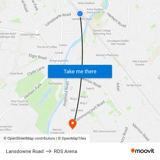 Lansdowne Road to RDS Arena map