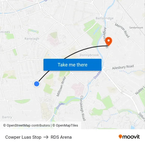 Cowper Luas Stop to RDS Arena map