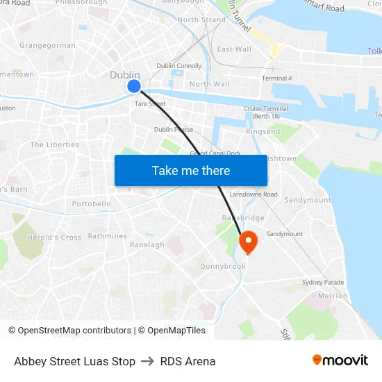 Abbey Street Luas Stop to RDS Arena map