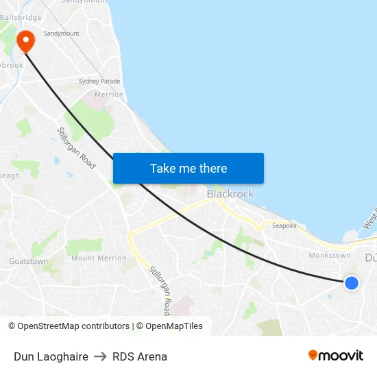 Dun Laoghaire to RDS Arena map