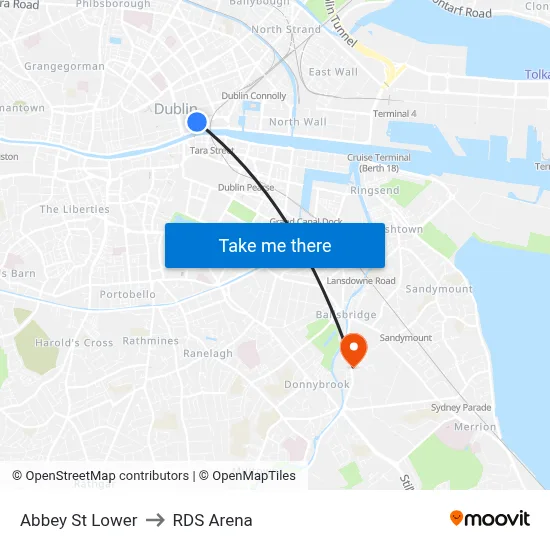 Abbey St Lower to RDS Arena map