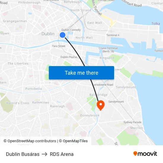 Dublin Busáras to RDS Arena map