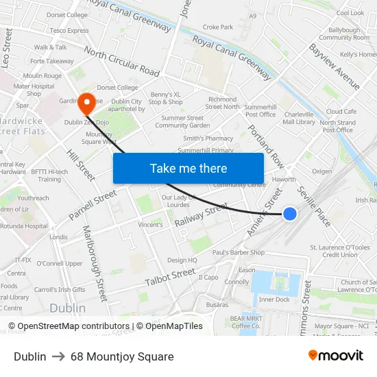 Dublin to 68 Mountjoy Square map
