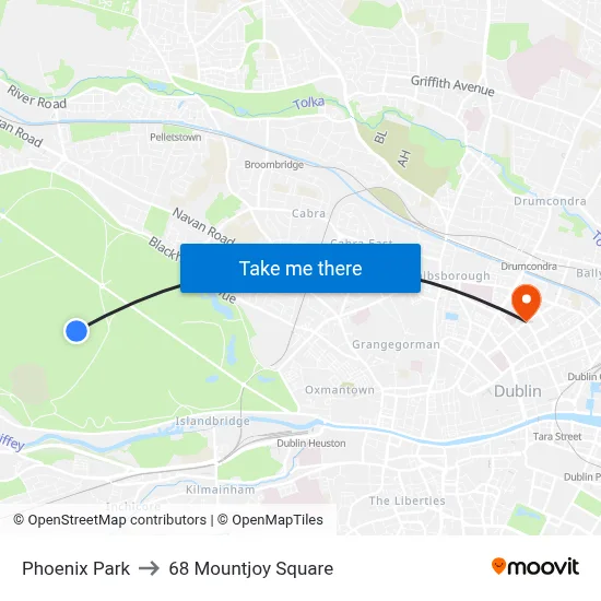 Phoenix Park to 68 Mountjoy Square map