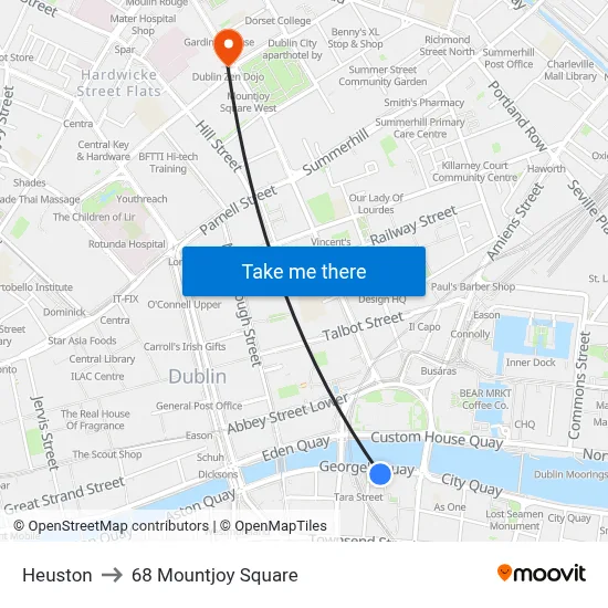 Heuston to 68 Mountjoy Square map