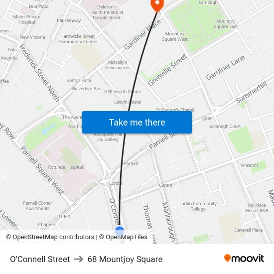 O'Connell Street to 68 Mountjoy Square map