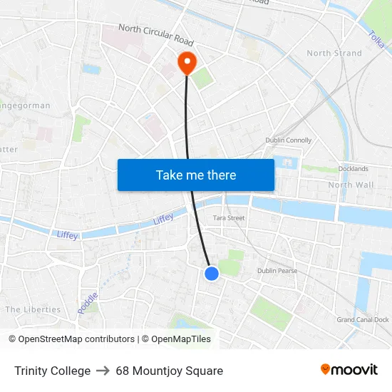 Trinity College to 68 Mountjoy Square map