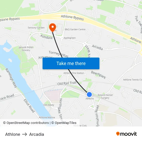 Athlone to Arcadia map