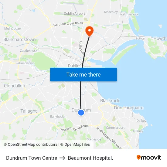 Dundrum Town Centre to Beaumont Hospital, map