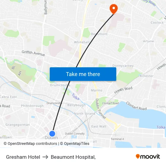 Gresham Hotel to Beaumont Hospital, map
