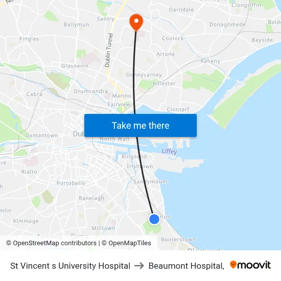 St Vincent s University Hospital to Beaumont Hospital, map