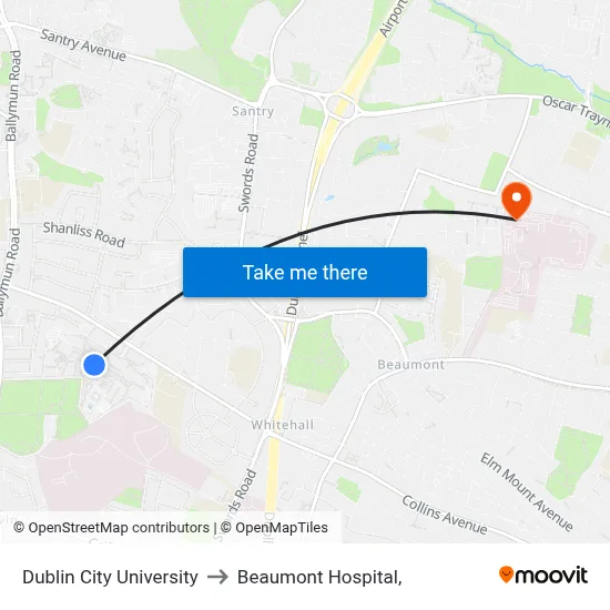 Dublin City University to Beaumont Hospital, map