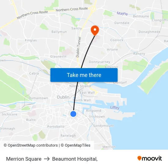 Merrion Square to Beaumont Hospital, map