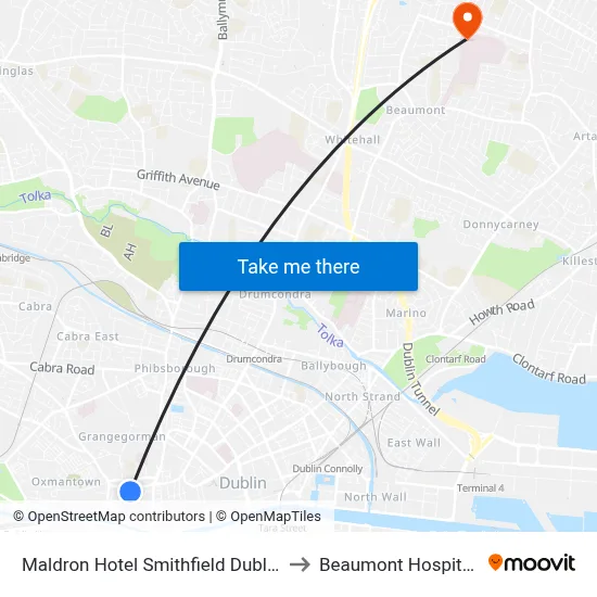 Maldron Hotel Smithfield Dublin to Beaumont Hospital, map