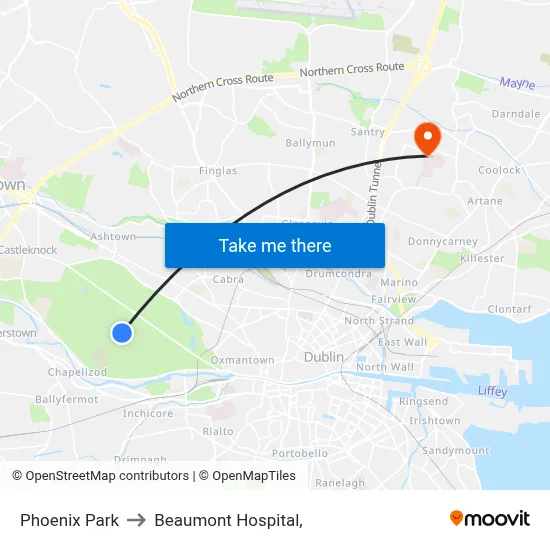 Phoenix Park to Beaumont Hospital, map