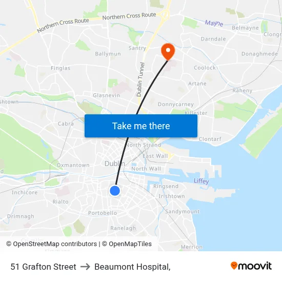 51 Grafton Street to Beaumont Hospital, map