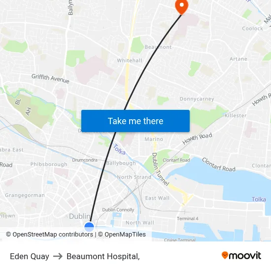 Eden Quay to Beaumont Hospital, map