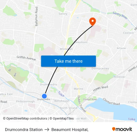Drumcondra Station to Beaumont Hospital, map