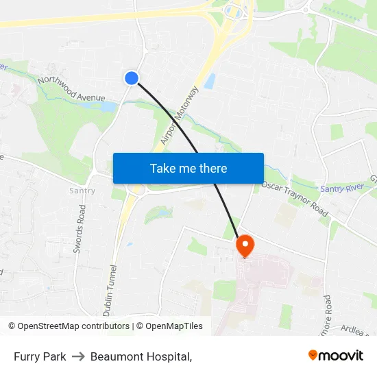 Furry Park to Beaumont Hospital, map