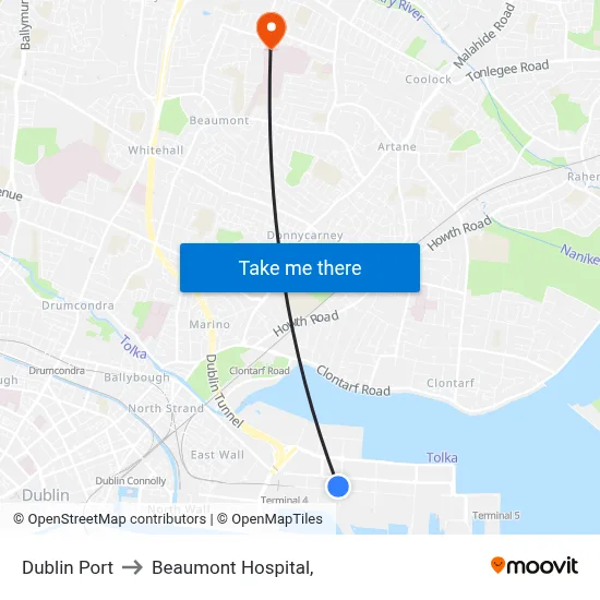 Dublin Port to Beaumont Hospital, map