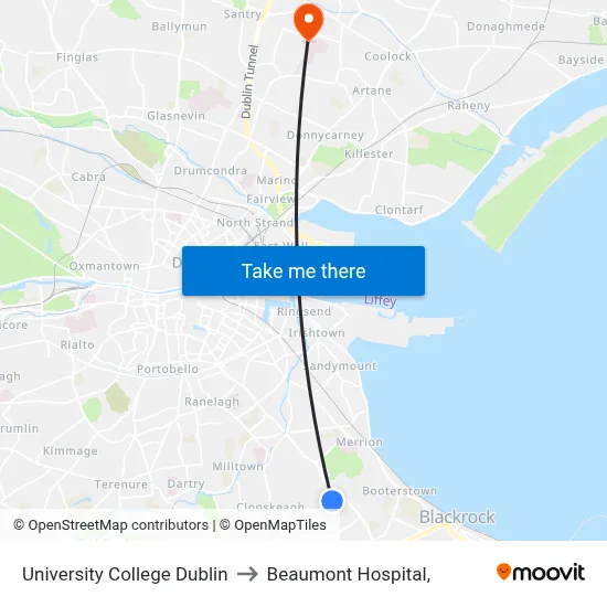 University College Dublin to Beaumont Hospital, map