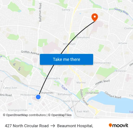 427 North Circular Road to Beaumont Hospital, map