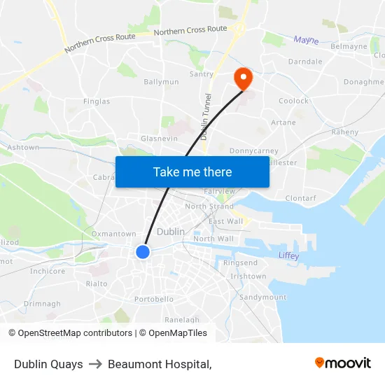 Dublin Quays to Beaumont Hospital, map