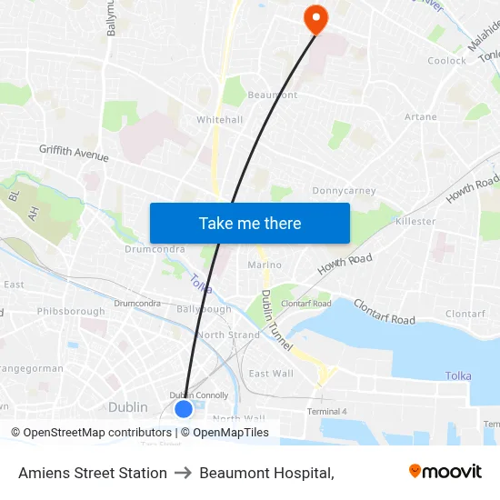 Amiens Street Station to Beaumont Hospital, map