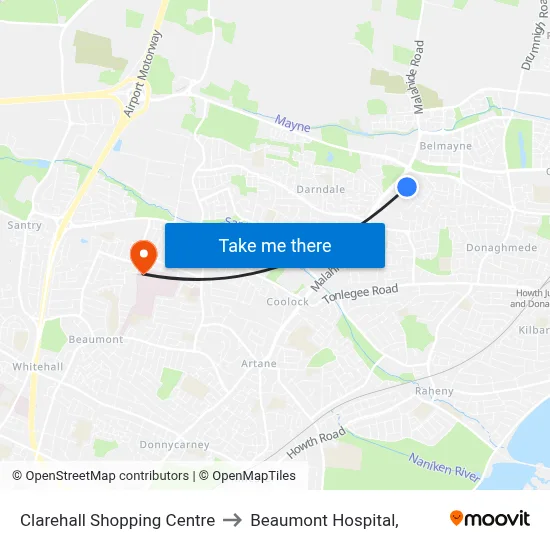 Clarehall Shopping Centre to Beaumont Hospital, map