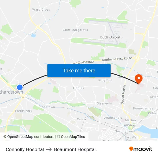 Connolly Hospital to Beaumont Hospital, map