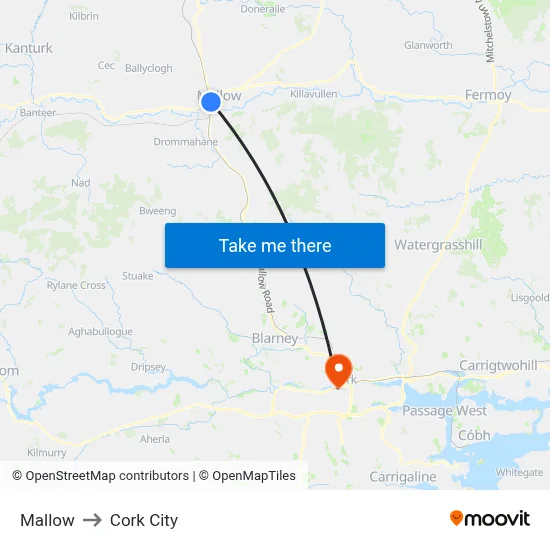Mallow to Cork City map
