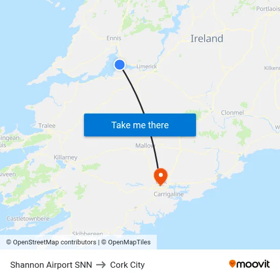 Shannon Airport SNN to Cork City map