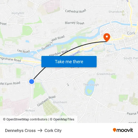 Dennehys Cross to Cork City map