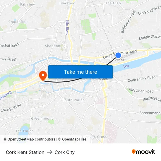 Cork Kent Station to Cork City map