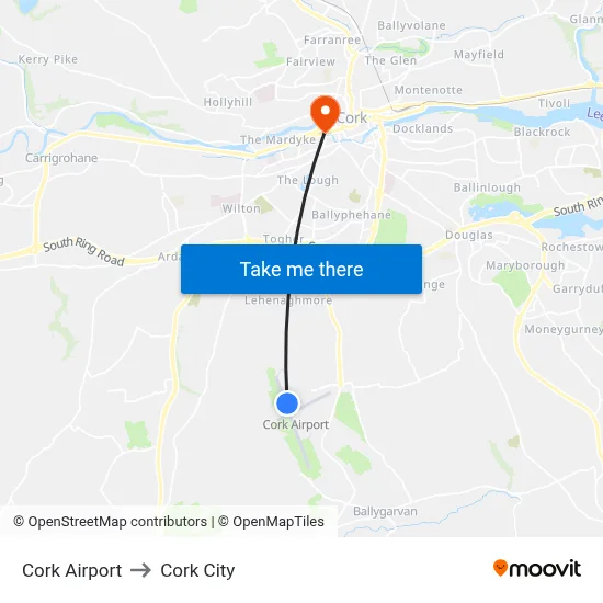 Cork Airport to Cork City map