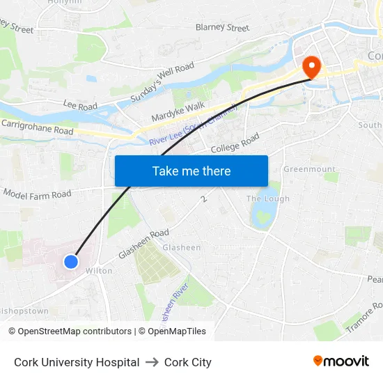 Cork University Hospital to Cork City map
