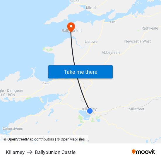 Killarney to Ballybunion Castle map