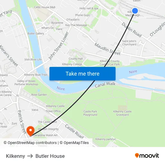 Kilkenny to Butler House map