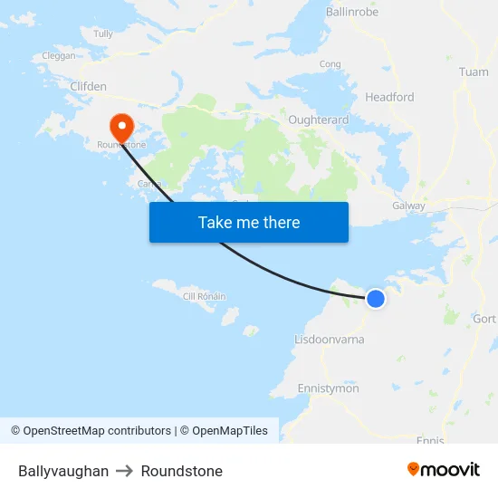 Ballyvaughan to Roundstone map