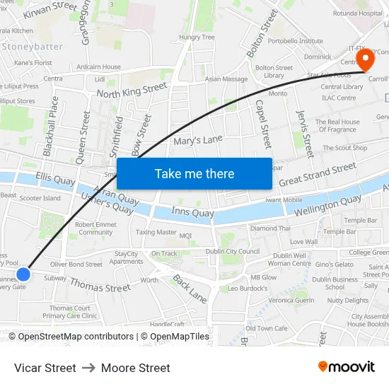 Vicar Street to Moore Street map