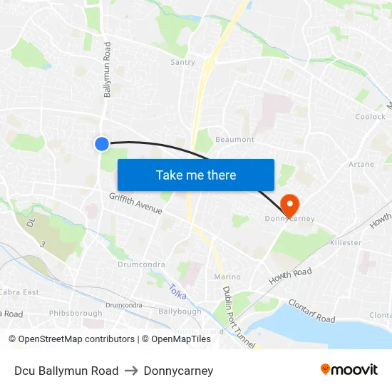 Dcu Ballymun Road to Donnycarney map
