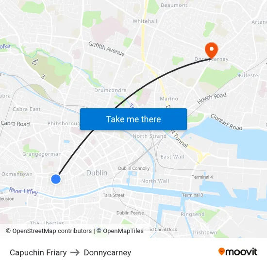 Capuchin Friary to Donnycarney map