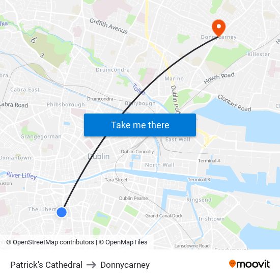 Patrick's Cathedral to Donnycarney map