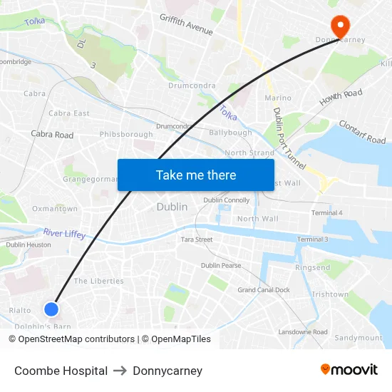 Coombe Hospital to Donnycarney map