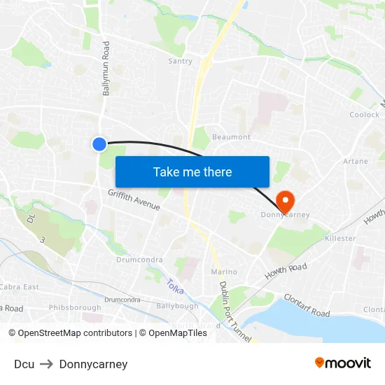 Dcu to Donnycarney map