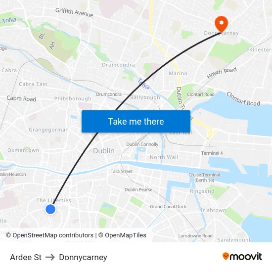 Ardee St to Donnycarney map